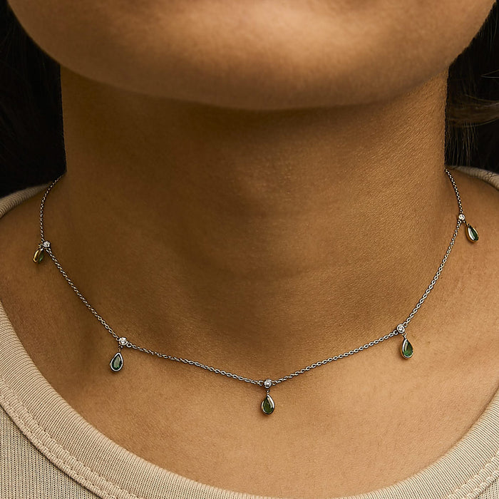 10K Yellow Gold Dangling 5x3 mm Green Emerald and Diamond Station Necklace - 18