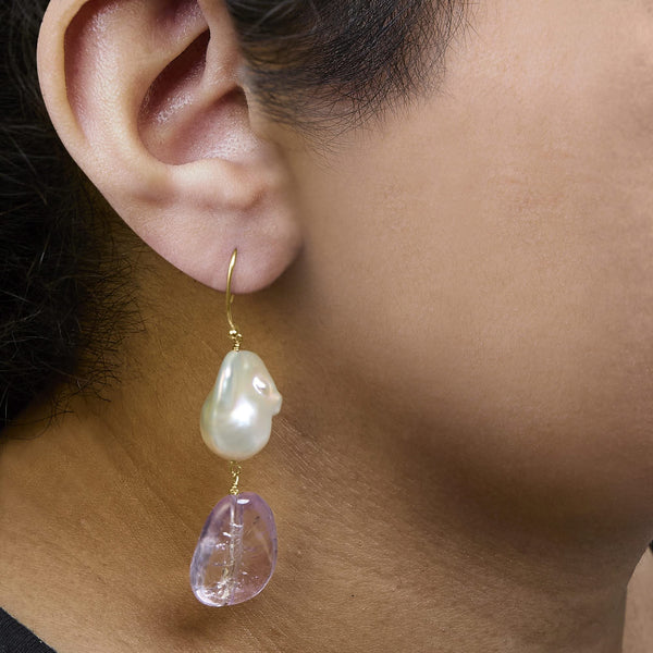 14K Yellow Gold Amethyst and Baroque Pearl Drop and Dangle Earrings 2