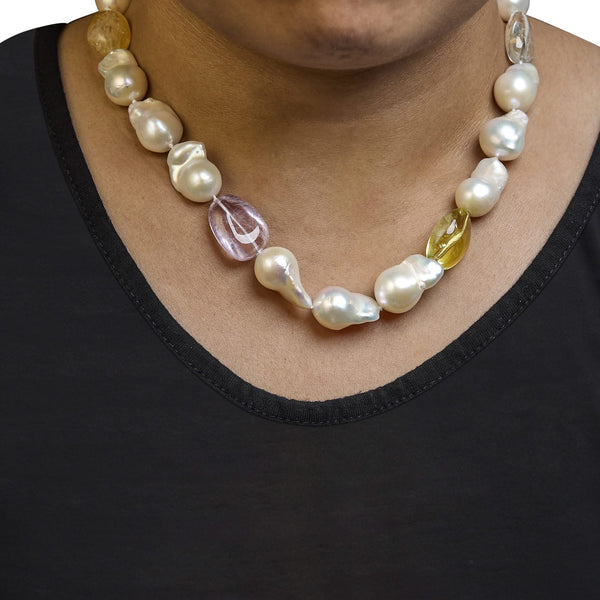 14K Yellow Citrine, Amethyst, and Baroque Pearl Strand Necklace - 18