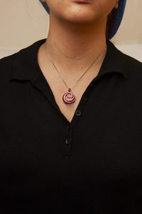 .925 Sterling Silver Red Enamel and 1/2 Diamond Endless Swirl Medallion 18
