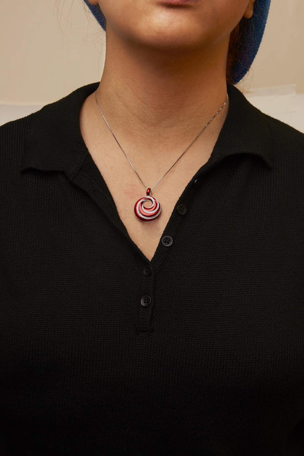 .925 Sterling Silver Red Enamel and 1/2 Diamond Endless Swirl Medallion 18
