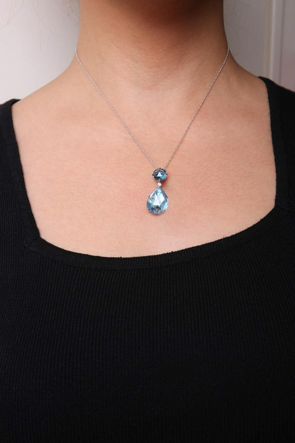 18K White Gold Diamond Accent and Round London Blue Topaz and Pear Cut Sky Blue Topaz Dangle Drop 18