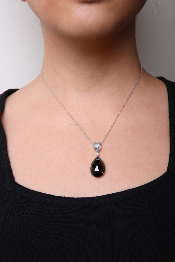 18K White Gold Diamond Accent and Pear Cut Sky Blue Topaz and Pear Cut Black Onyx Dangle Drop 18