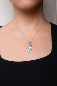 18K White Gold 3/8 Cttw Pave Set Diamond and Sky Blue Topaz and Blue Sapphire Gemstone Floral Teardrop Halo 18
