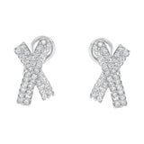 14K white gold earrings with round diamond stones in domed X shape thumbnail 1