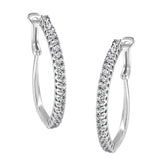 10K white gold hoop earrings with round diamond stones along the front curve thumbnail 1