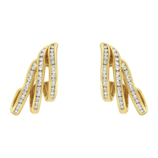 10K Yellow Gold 1.0 Cttw Round Brilliant Cut Diamond Spiral Multi Row Channel Set Open Hoop Pushback Stud Earrings (H-I Color, I1-I2 Clarity)-0