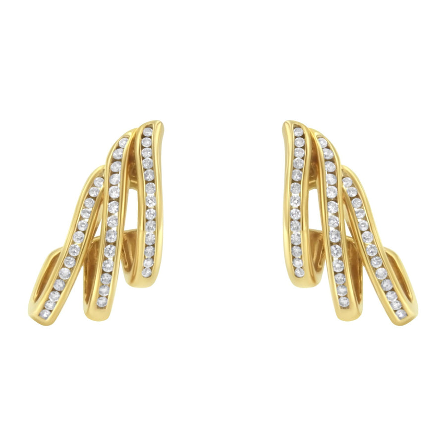 10K Yellow Gold 1.0 Cttw Round Brilliant Cut Diamond Spiral Multi Row Channel Set Open Hoop Pushback Stud Earrings (H-I Color, I1-I2 Clarity)