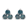 14K white gold stud earrings with three round blue diamond stones