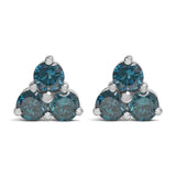 14K white gold stud earrings with three round blue diamond stones thumbnail 1