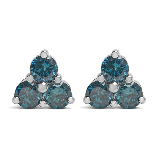 14K white gold stud earrings with three round blue diamond stones