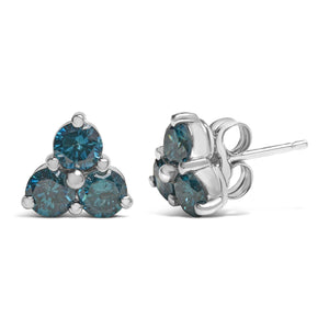 14KT White Gold Treated Blue Diamond Trio Stud Earrings (1 1/3 cttw, Blue)-1