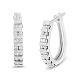 10K gold hoop earrings with round and baguette diamond stones thumbnail 1
