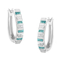10K white gold hoop earrings with round and blue baguette diamond stones