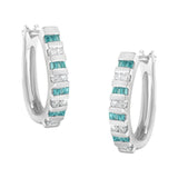10K white gold hoop earrings with round and blue baguette diamond stones thumbnail 1