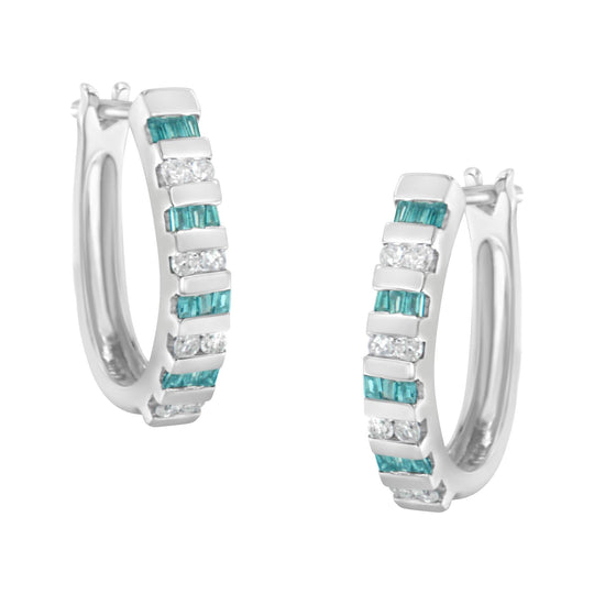 10k White Gold Round and Blue Baguette Diamond Hoop Earrings (0.50 cttw, I-J Color, I2-I3 Clarity)-0