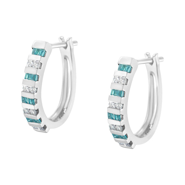 10k White Gold Round and Blue Baguette Diamond Hoop Earrings (0.50 cttw, I-J Color, I2-I3 Clarity)