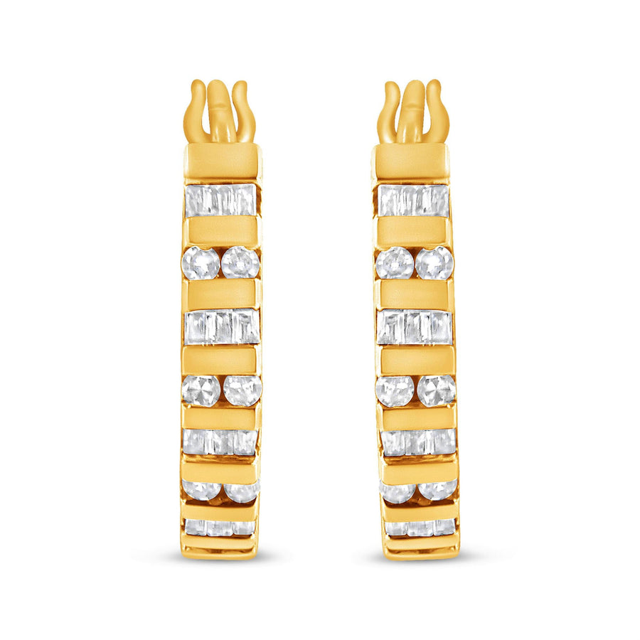 10K Gold Round and Baguette-Cut Diamond Hoop Earrings (I-J Color, I2-I3 Clarity)