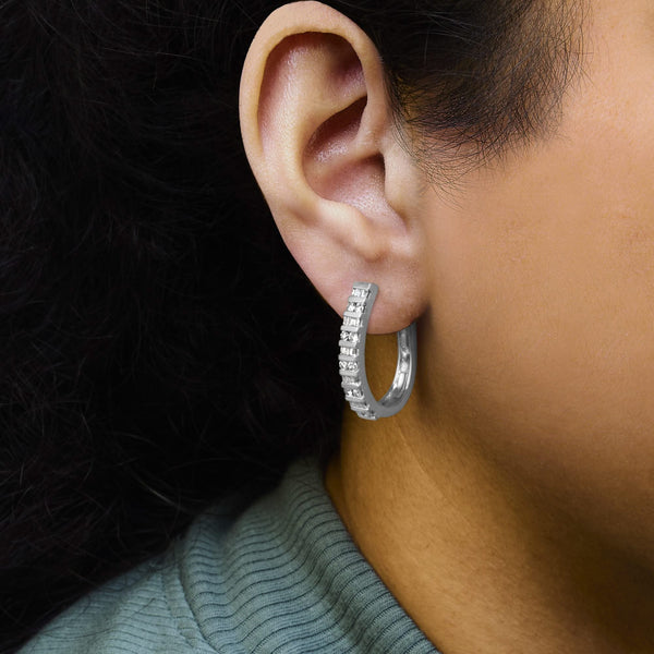10K Gold Round and Baguette-Cut Diamond Hoop Earrings (I-J Color, I2-I3 Clarity)