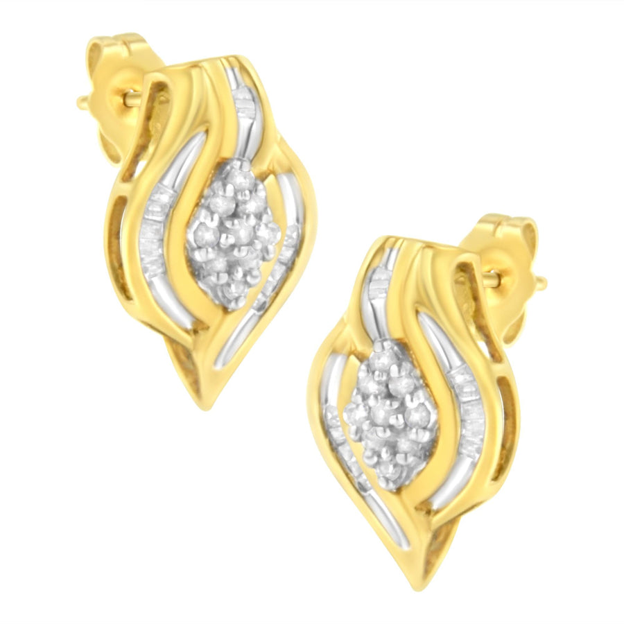 10K Yellow Gold 1/3 cttw Round-Cut Diamond Cluster and Swirl Stud Earrings (J-K Clarity, I2-I3 Color)