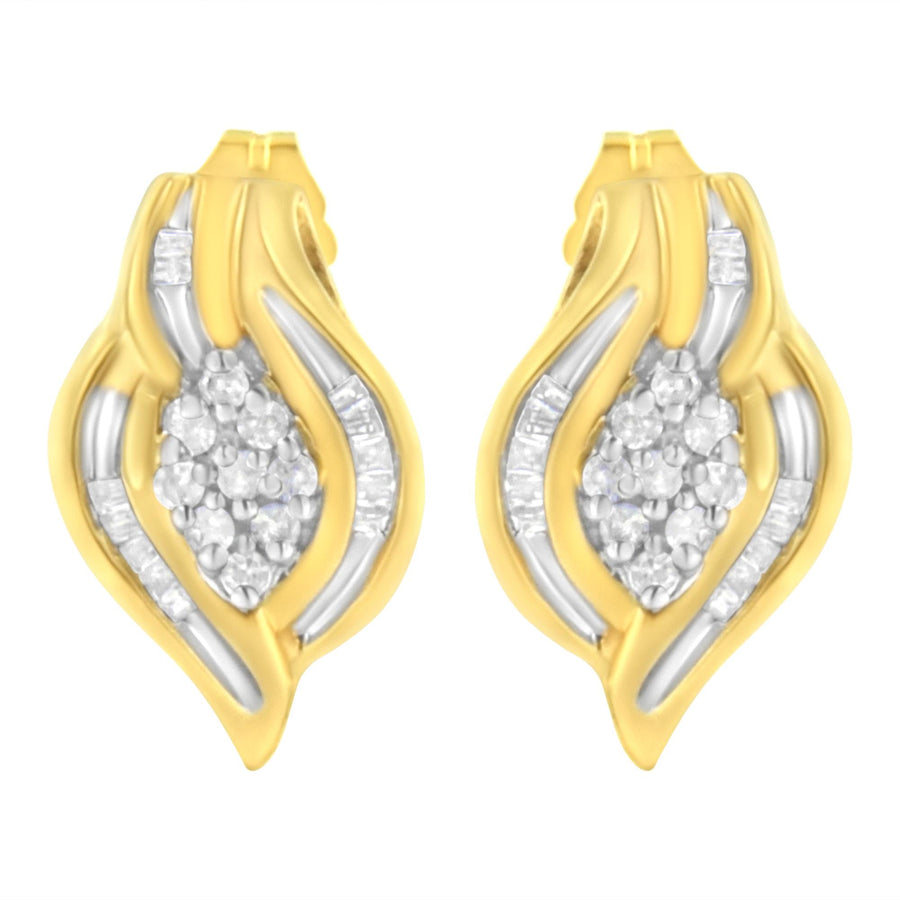 10K Yellow Gold 1/3 cttw Round-Cut Diamond Cluster and Swirl Stud Earrings (J-K Clarity, I2-I3 Color)