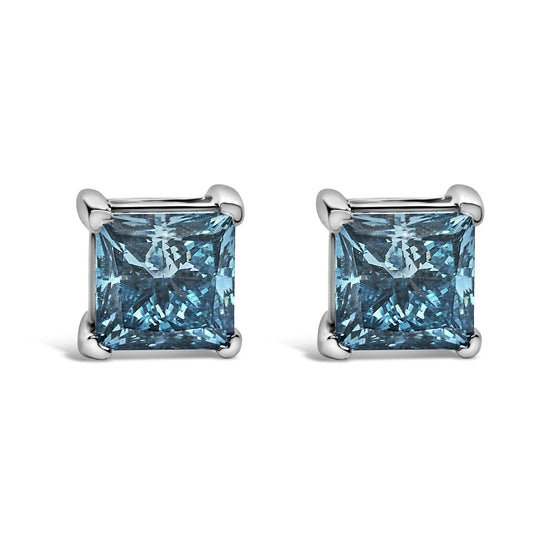 14K White Gold 1.0 Cttw Princess Cut Lab Grown Blue Diamond Solitaire Stud Earrings-0
