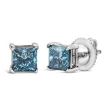 14K White Gold 1.0 Cttw Princess Cut Lab Grown Blue Diamond Solitaire Stud Earrings-1 thumbnail 2