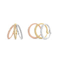14K tri-toned gold triple hoop earrings with round diamond stones