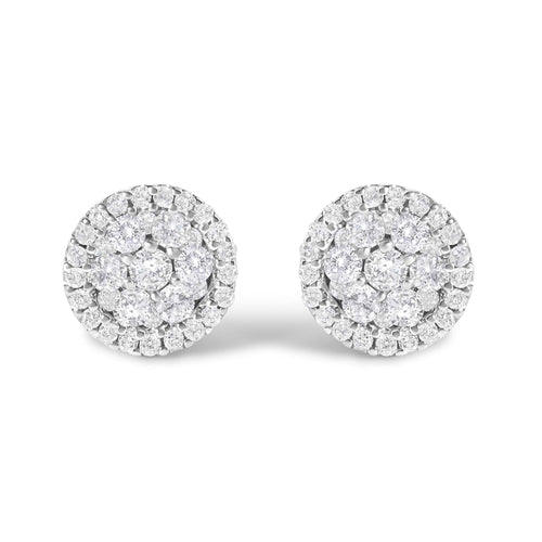14K White Gold 1.0 Cttw Brilliant-Cut Diamond Halo-Style Cluster Round Button Stud Earrings (H-I Color, I1-I2 Clarity)