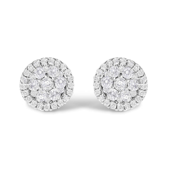14K White Gold 1.0 Cttw Brilliant-Cut Diamond Halo-Style Cluster Round Button Stud Earrings (H-I Color, I1-I2 Clarity)-0