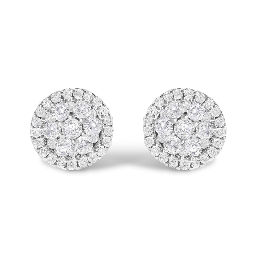 AGS Certified 14K White Gold 1.0 Cttw Brilliant-Cut Diamond Halo-Style Cluster Round Button Stud Earrings (G-H Color, I1-I2 Clarity)
