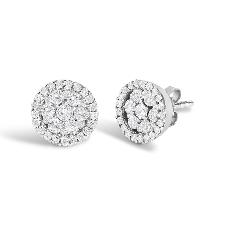 AGS Certified 14K White Gold 1.0 Cttw Brilliant-Cut Diamond Halo-Style Cluster Round Button Stud Earrings (G-H Color, I1-I2 Clarity)