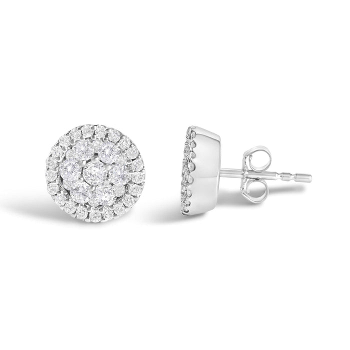 AGS Certified 14K White Gold 1.0 Cttw Brilliant-Cut Diamond Halo-Style Cluster Round Button Stud Earrings (G-H Color, I1-I2 Clarity)