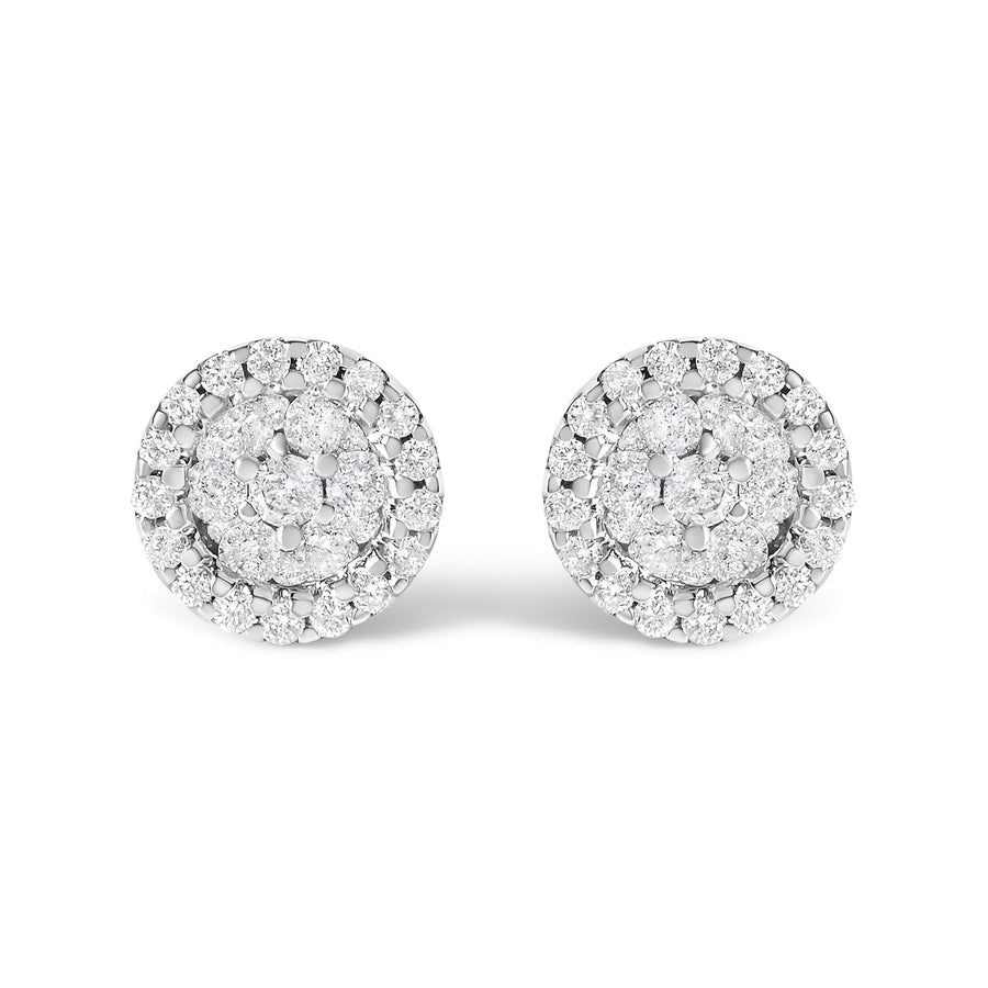 14K White Gold 1/2 Cttw Brilliant-Cut Diamond Halo-Style Cluster Round Button Stud Earrings (H-I Color, I1-I2 Clarity)