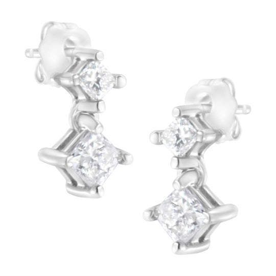 14K White Gold 3/4 cttw Double Diamond Princess-Cut Stud Earrings (I-J Clarity, I2-I3 Color)-0