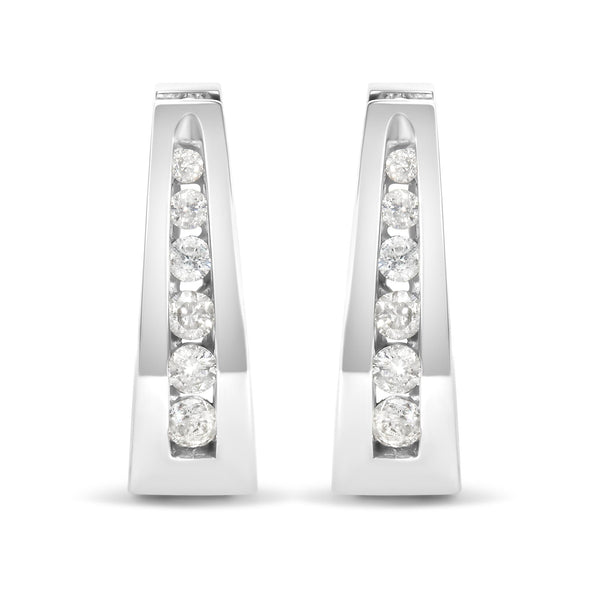 14k White Gold Channel-Set Brilliant Round-Cut Diamond Hoop Earrings (I-J Color, I2-I3 Clarity)