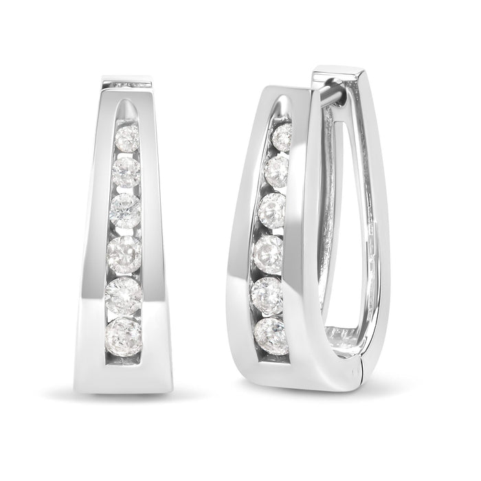 14k White Gold Channel-Set Brilliant Round-Cut Diamond Hoop Earrings (I-J Color, I2-I3 Clarity)