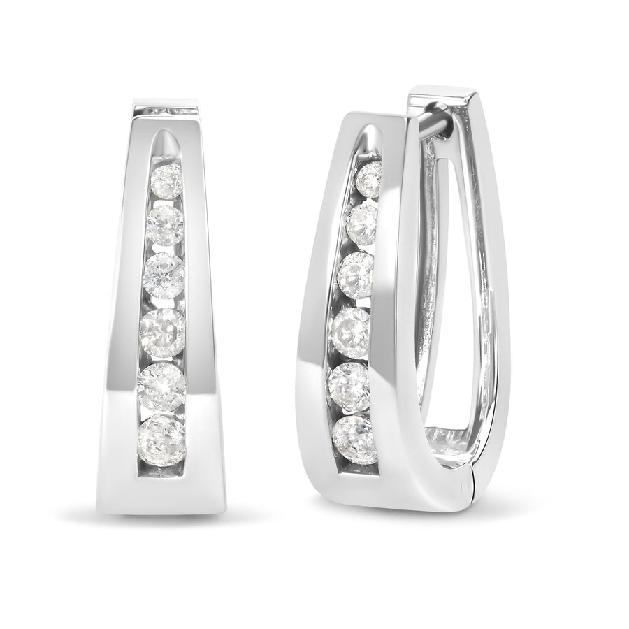 14k White Gold Channel-Set Brilliant Round-Cut Diamond Hoop Earrings (I-J Color, I2-I3 Clarity)