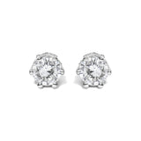 14K white gold stud earrings with 2 round diamond stones in crown prong setting thumbnail 1