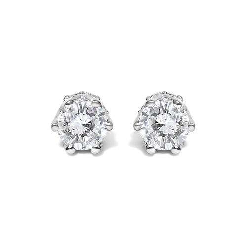 14K White Gold 1/2 Cttw Round Diamond 6 Prong Crown Stud Earrings (I-J Color, I1-I2 Clarity)