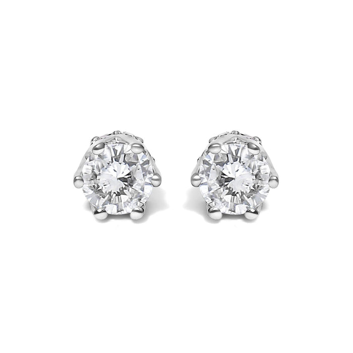 14K White Gold 1/2 Cttw Round Diamond 6 Prong Crown Stud Earrings (I-J Color, I1-I2 Clarity)
