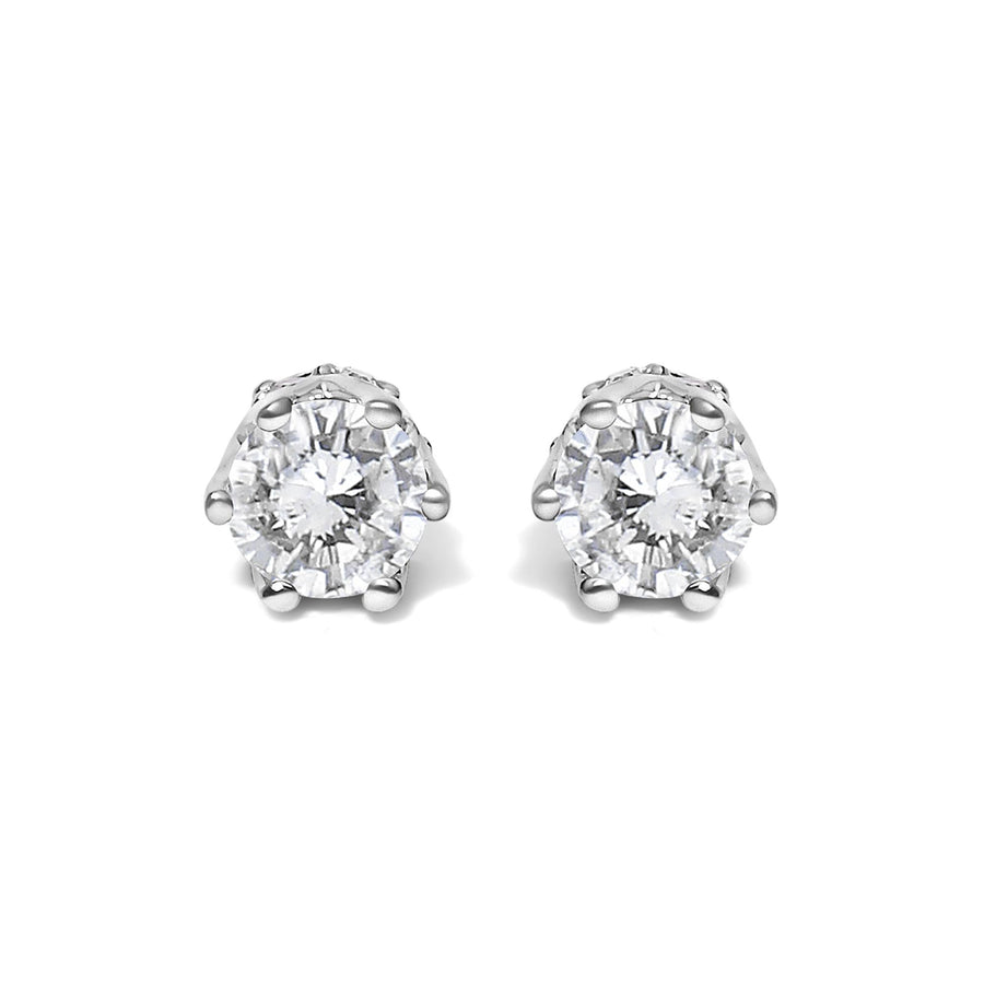 14K White Gold 1/2 Cttw Round Diamond 6 Prong Crown Stud Earrings (I-J Color, I1-I2 Clarity)