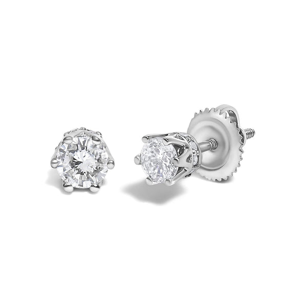 14K White Gold 1/2 Cttw Round Diamond 6 Prong Crown Stud Earrings (I-J Color, I1-I2 Clarity)