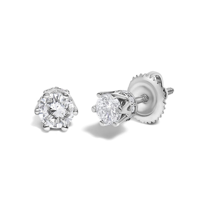 14K White Gold 1/2 Cttw Round Diamond 6 Prong Crown Stud Earrings (I-J Color, I1-I2 Clarity)