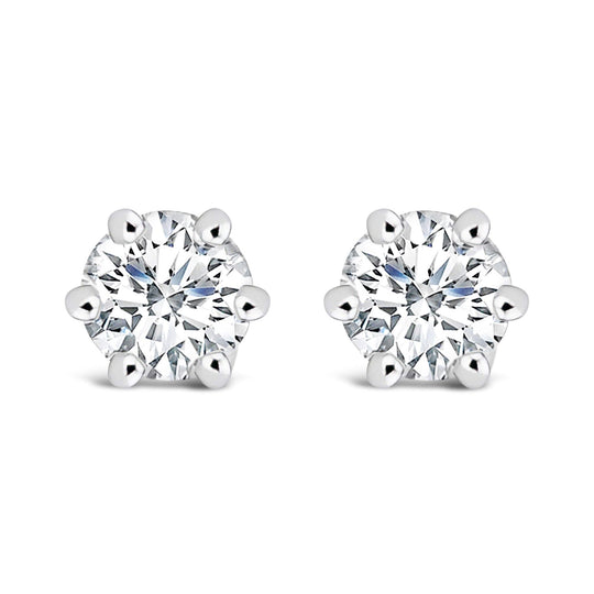 14K white gold stud earrings with 2 round diamond stones in hidden halo