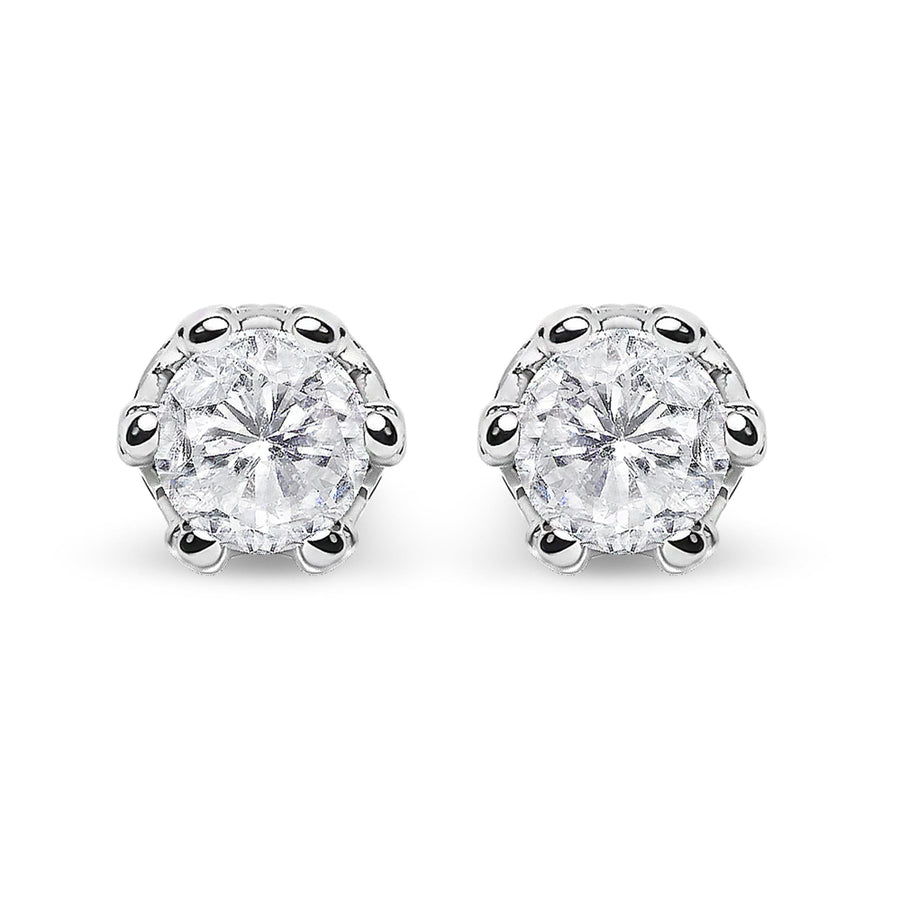 14K White Gold 1.0 Cttw Round Cut Prong-Set Diamond Crown Stud Earring (I-J Color, I1-I2 Clarity)