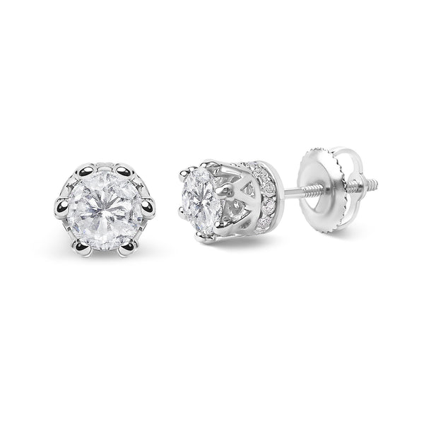 14K White Gold 1.0 Cttw Round Cut Prong-Set Diamond Crown Stud Earring (I-J Color, I1-I2 Clarity)