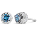 14K white gold ring with blue and white diamond stones in halo setting