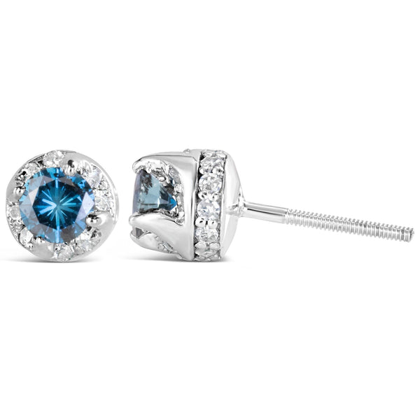 14K White Gold 1.00 Cttw Treated Blue and White Diamond Hidden Halo Stud Earrings (Blue/I-J Color, I2-I3 Clarity)