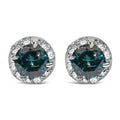 14K white gold earrings with round white and treated blue diamond stones